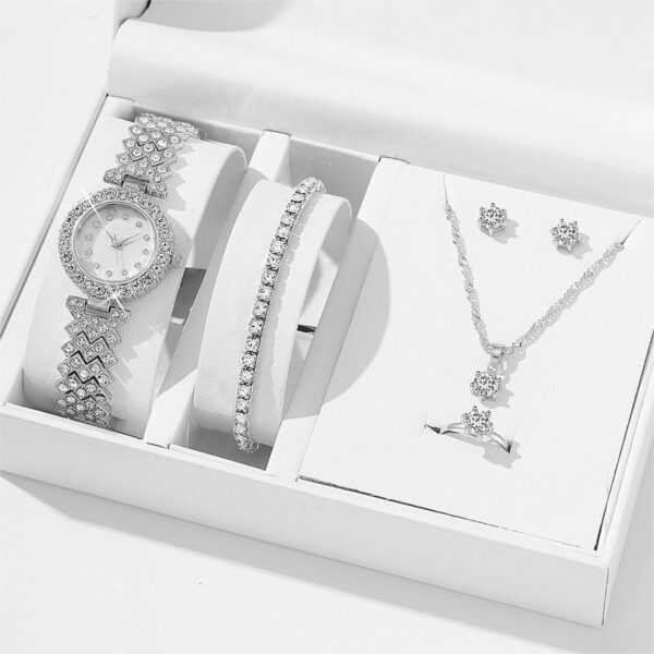 Women's Alloy Quartz Watch Necklace Earrings Bracelet Ring Suit - Image 5
